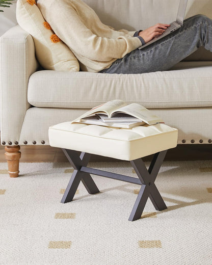 12" WBD012W IBUYKE Small H Footrest Stool, Square PU Foot Stool with Metal X-Leg, Multi-Use as Small Side Table, Step