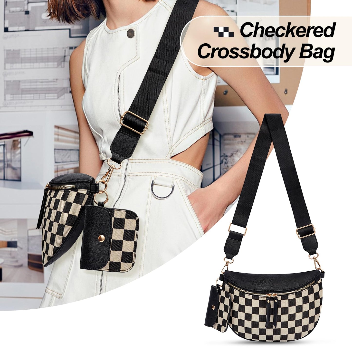 Checkered Crossbody Bag,Nylon Bum Bags for Women Crossbody,Spacious Sling Bag Purse Fanny Packs with Shoulder Strap