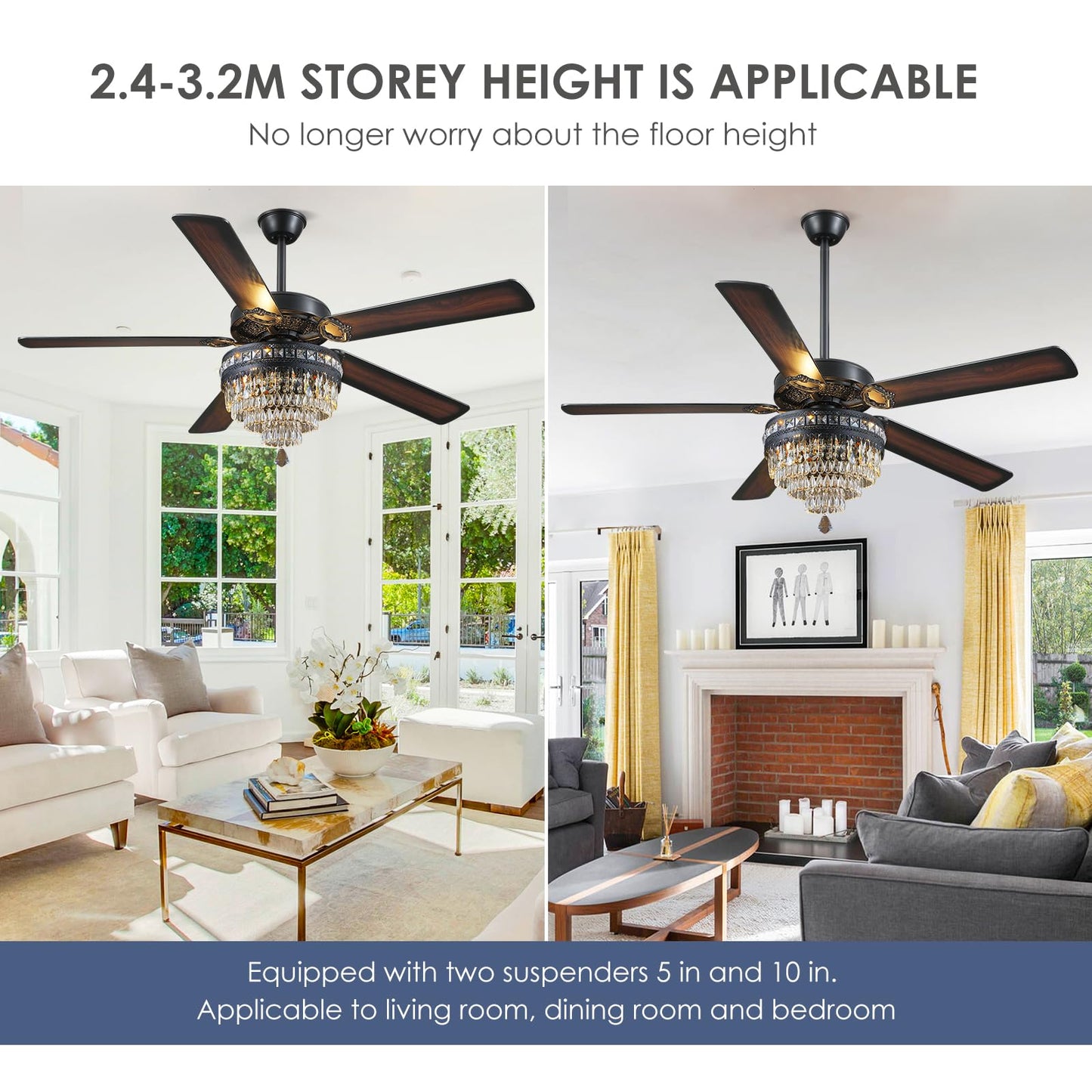 Asyko 62" Crystal Ceiling Fan Fandelier with Lights - Black Modern Crystal Chandelier Fans with Remote Control，Noiseless DC Motor, Retro/Farmhouse Lighting, Dining Room， Living Room