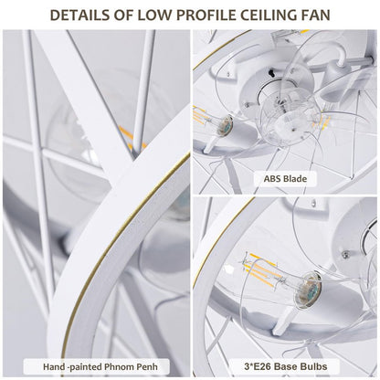 REDSTAR 15" Caged Ceiling Fans with Lights and Remote Flush Mount, White Round Industrial Ceiling Fan Light Fixture, Small Bladeless Ceiling Fan for Bedroom, Kitchen, Indoor