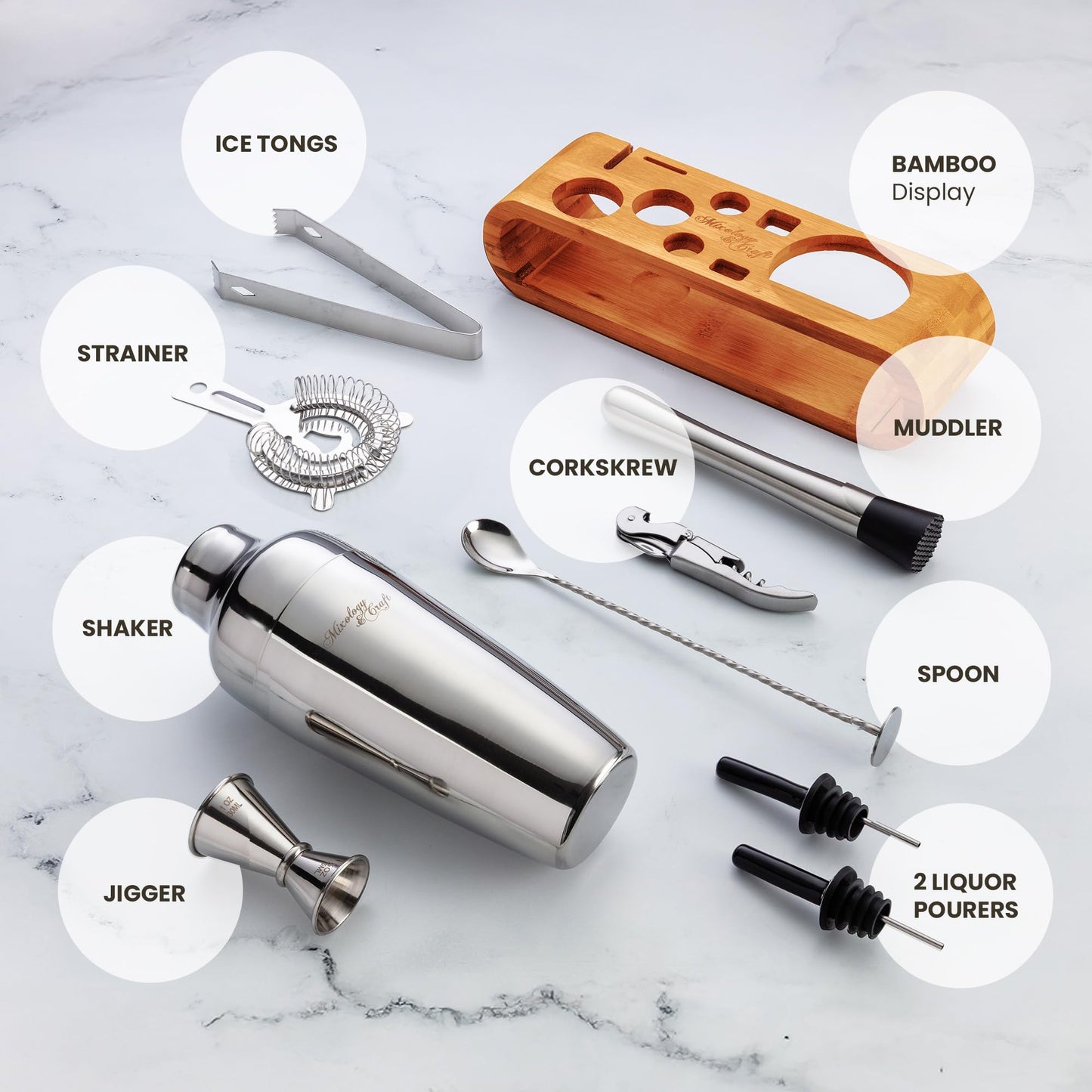 Mixology & Craft Cocktail Shaker Set with Bamboo Stand - Professional 10-Piece Bartender Kit - Complete Bar Set & Cocktail Mixer Kit for Home (Silver)