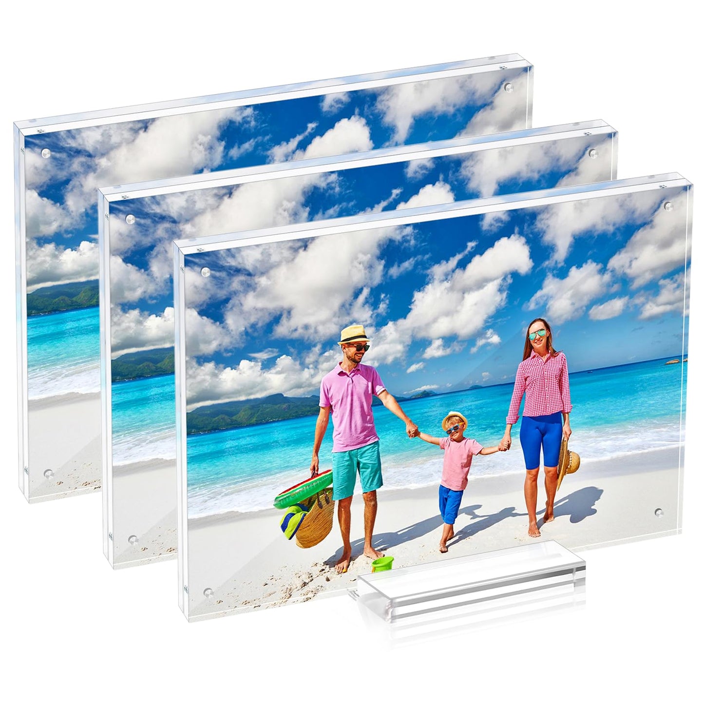 laapee 3 Pack 6x8 Magnetic Acrylic Picture Frame, Clear Double Sided Frame with Base, Frameless Floating Lucite Photo Frame Stands on Desk Table Horizontally or Vertically