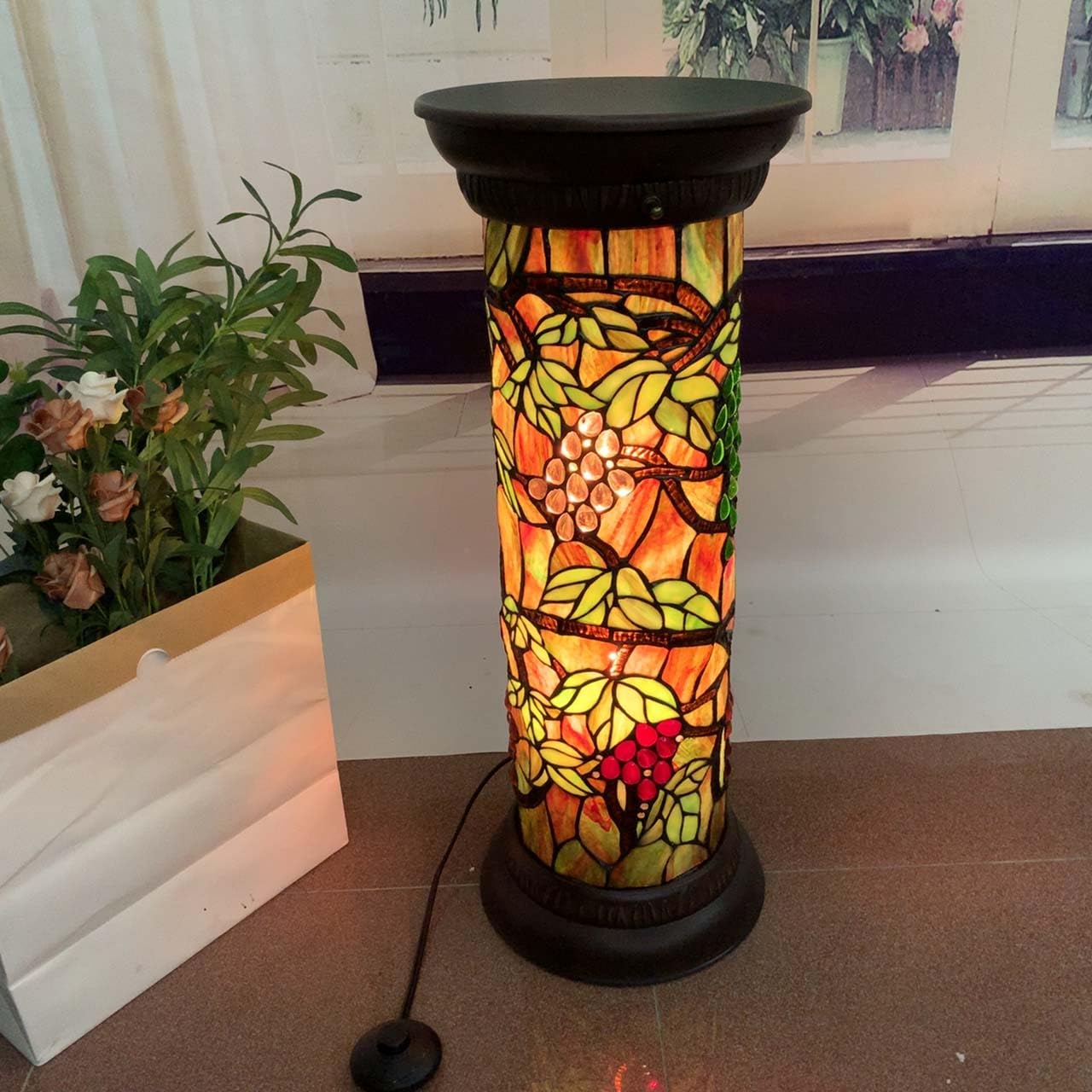 Bieye L10769 Grape Vine Tiffany Style Stained Glass Pedestal Floor Lamp for Decorating, 26 inches Tall