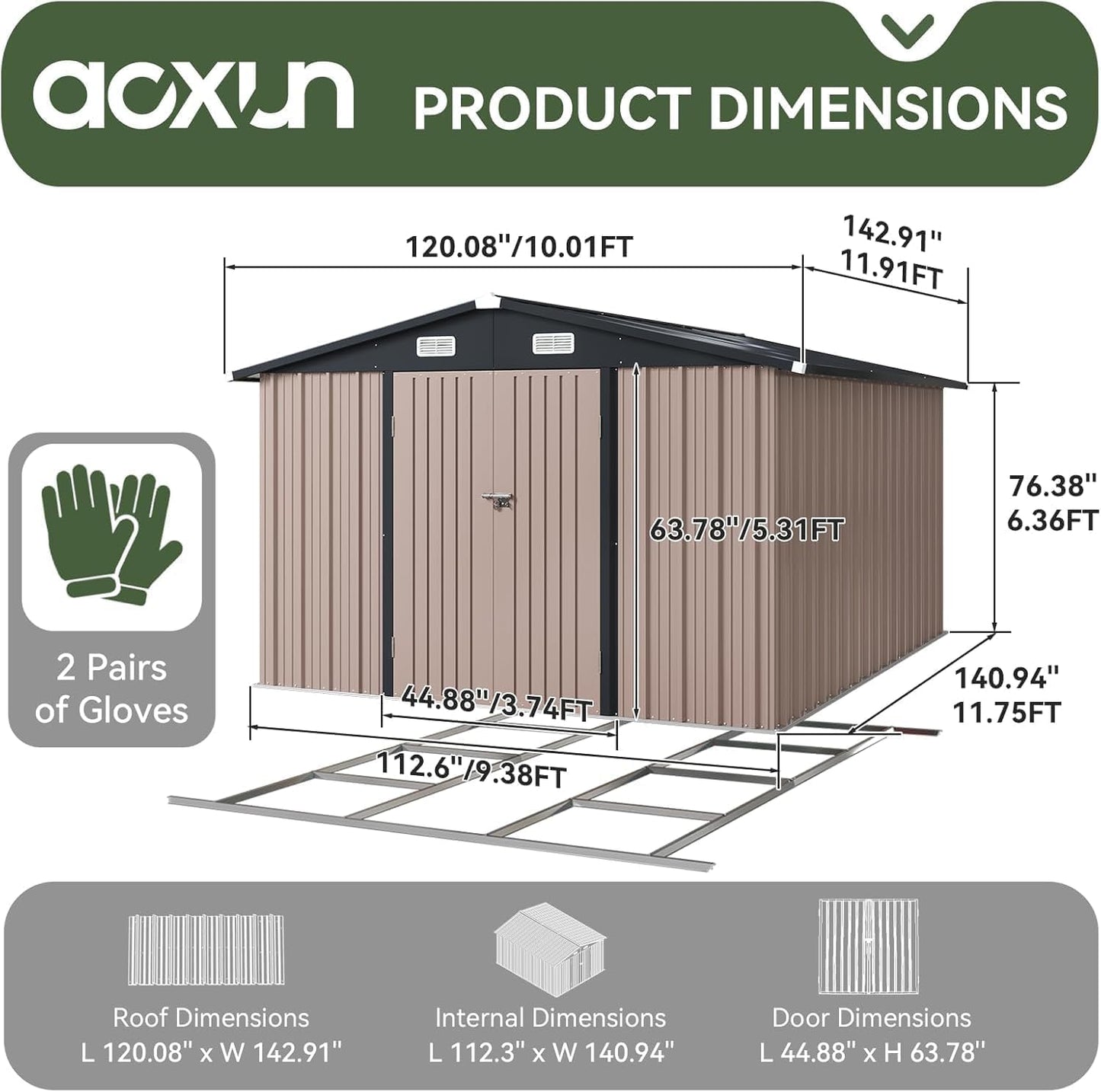 Aoxun 10x12 FT Galvanized Steel Outdoor Storage Shed with Base, Lockable Door & Sloped Roof, Metal Storage Shed Waterproof Tool Storage House for Garden, Backyard, Patio, Poolside (Brown)
