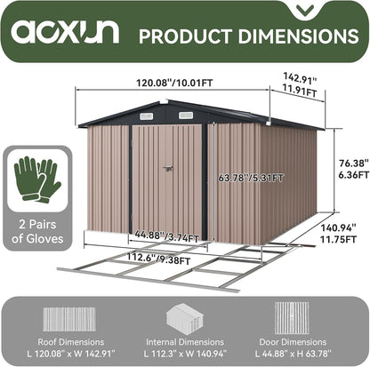 Aoxun 10x12 FT Galvanized Steel Outdoor Storage Shed with Base, Lockable Door & Sloped Roof, Metal Storage Shed Waterproof Tool Storage House for Garden, Backyard, Patio, Poolside (Brown)