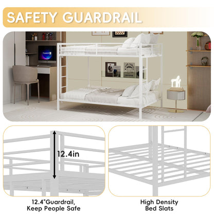 KEIKI Queen over Queen Size Metal Bunk Bed Frame with Built-in Ladder and Full-Length Railing, Modern Style Bunk Bed with Slats and Guardrail, No Box Spring Required, Easy Assembly, for Bedroom, White