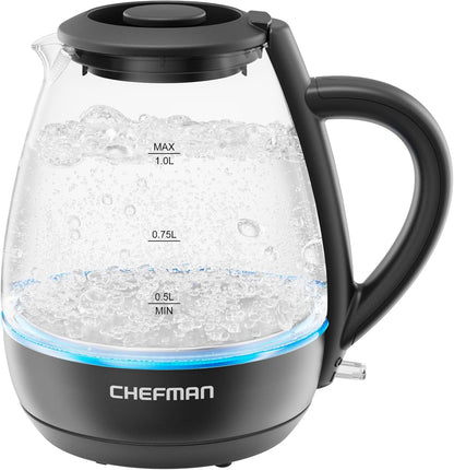 Chefman 1L Electric Tea Kettle with LED Lights, Automatic Shut Off, Removable Lid, Boil-Dry Protection, Electric