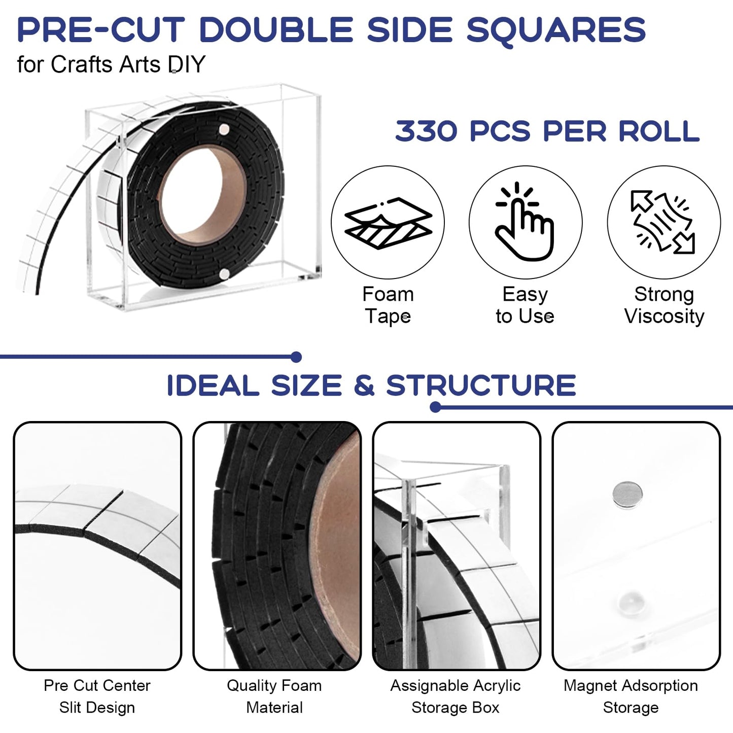 HKSZEH Double Sided Foam Tape for Crafts 0.4 X 0.5 in Pre Cut Double Sided Foam Squares Roll with Acrylic Storage Box Foam Adhesive Squares for Crafts Arts DIY Office Supplies
