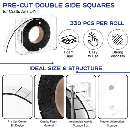HKSZEH Double Sided Foam Tape for Crafts 0.4 X 0.5 in Pre Cut Double Sided Foam Squares Roll with Acrylic Storage Box Foam Adhesive Squares for Crafts Arts DIY Office Supplies