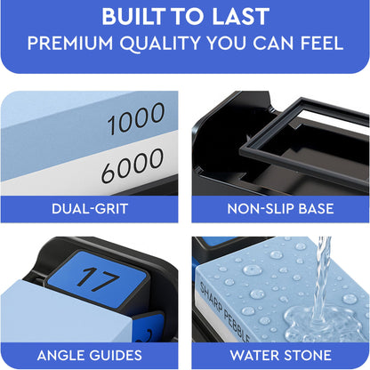 Sharp Pebble Complete Whetstone Knife Sharpening System – 1000/6000 Grit Wet Stone Sharpener Kit with Built-In Angle Guides (15°/17°/20°/22°) – Beginner-Friendly