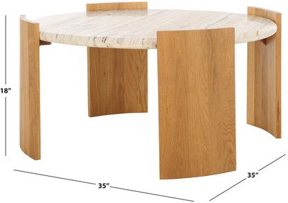 SAFAVIEH Couture Collection - Damarcus Travertine Top Round Coffee Table with Natural Brown Solid Wood Base, Modern Accent Cocktail Table (SFV9731A)