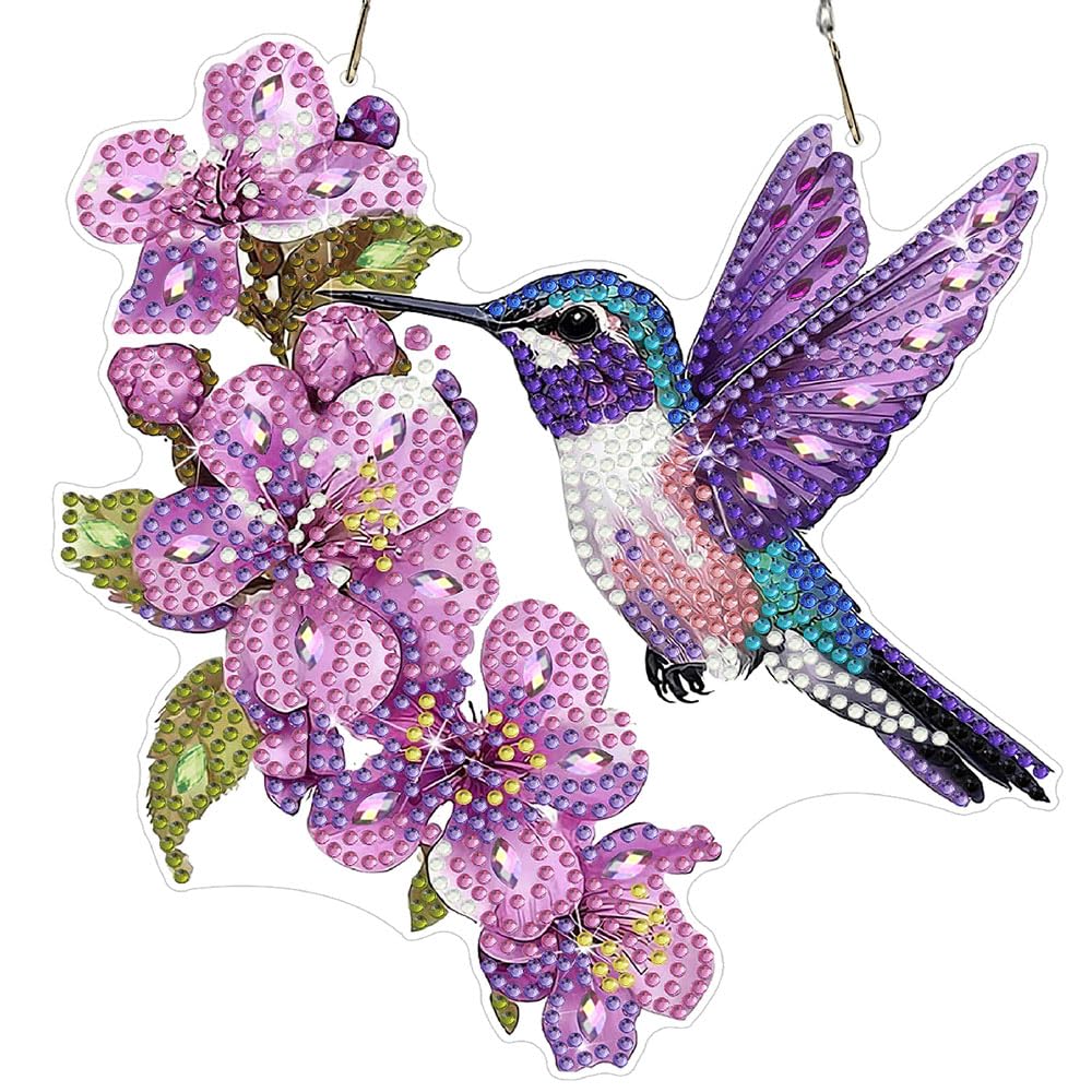 Bird DIY Hanging Diamond Art Kits for Adults Flower, Hummingbird Diamond Painting Kits, Special Shaped Rhinestone, Acrylic 5D Gem Art Craft Window Pendants Home Garden Wall Hanging Ornament Kits
