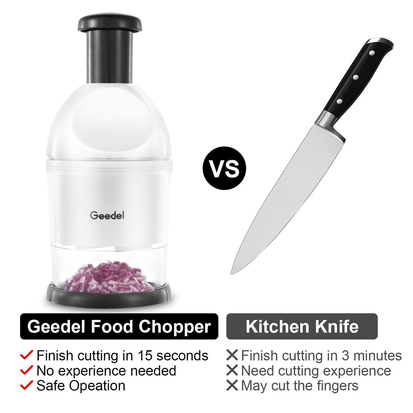 Geedel Food Chopper, Easy to Clean Manual Hand Vegetable Chopper Dicer, Dishwasher Safe Slap Onion Chopper for Veggies Onions Garlic Nuts Salads White