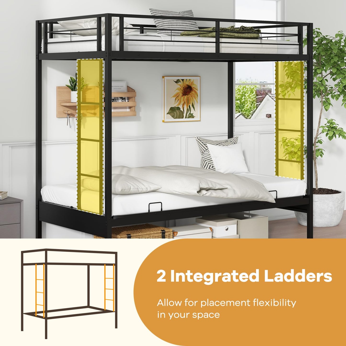 Giantex Twin Over Twin Futon Bunk Bed, Convertible Metal Bunk Bed with Futon Frame, 2 Ladders & Safety Guardrails, Heavy Duty Sofa Couch Beds with Under-Bed Space, for Kids, Teens, Adults, Black