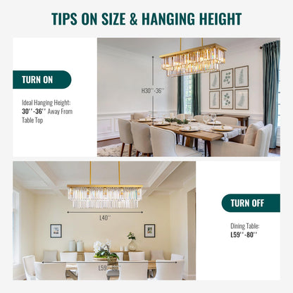 Siljoy 10-Light Rectangle Gold Crystal Chandelier for Dining Room Modern Rectangular 2 Tiers Crystal Raindrop Chandelier Linear Pendant Ceiling Light Fixture for Kitchen Island L40'' x W10'' x H10''