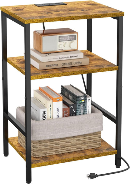 X-cosrack Side Table with Charging Station, End Table with USB Ports and Outlets, Nightstand with Storage Shelves