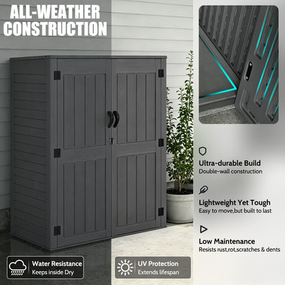 EHHLY Vertical Resin Storage Shed with 2 Shelves, 60 Cuft Garden Tool Sheds & Outdoor Storage, Plastic Outdoor Storage Cabinet Waterproof, 4.5 x 2.3 ft Backyard Outside Lawn Mower Storage Shed, Grey