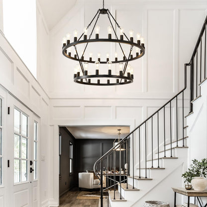 NILSE 2-Tier 48" Black Wagon Wheel Chandelier, 40-Light Extra Large Chandeliers for High Ceilings, Rustic Farmhouse Light Fixture for Living Room Stairs Foyer Entryway, E26