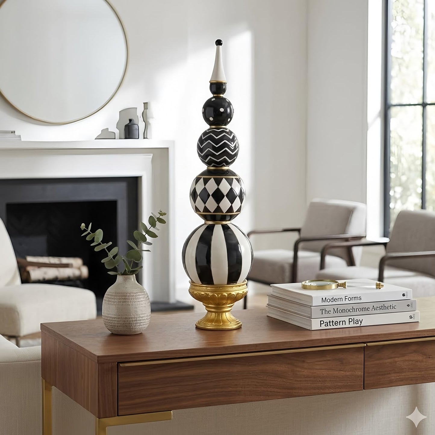 Bechivie Black and White Checkered Decor, 15.7 Inch Resin Modern Sphere Sculpture, Table Top Mantel Office Desk Shelf Halloween & Christmas Decorations for Home Statue