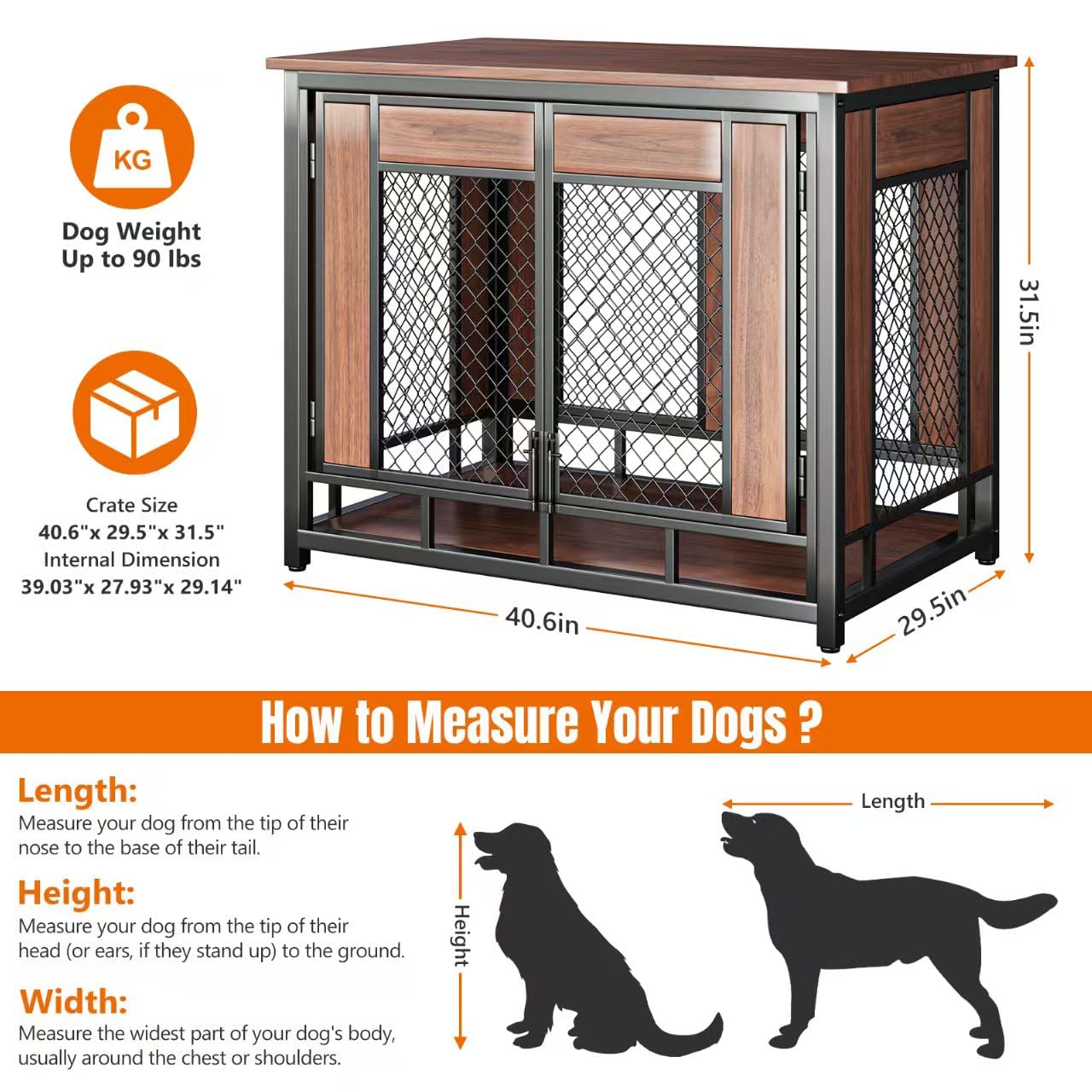 Dog Crate Furniture, 41'' Wooden Dog Kennel Furniture Indoor with Double Doors, Decorative Dog Cage End Table for Medium Large Dogs,Modern Dog Crate with Multi-Purpose Removable Tray,Rustic Brown