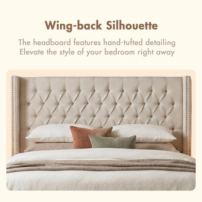 Madison Park Amelia Upholstered Headboard | Nail Head Trim Wingback Button Tufted | Queen, Cream