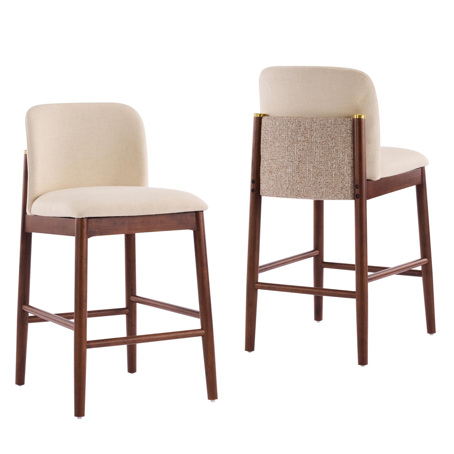 Christopher Knight Home Yumi Counter Height Bar Stools Set of 2, Fabric Upholstered Bar Stool for Kitchen Island, Armless Rubberwood Counter Stools with Solid Backrest + Footrest, Beige + Dark Walnut