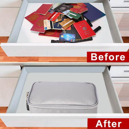 ENGPOW Small Fireproof Storage Organizer Case with Lock(9”x 5.3”x 3.7”), Soft Money Safe Coin Organizer Wallet Bag for Cash,Card,Passport,Check,Bill,Travel Home Organizer Carrying Case,Silver