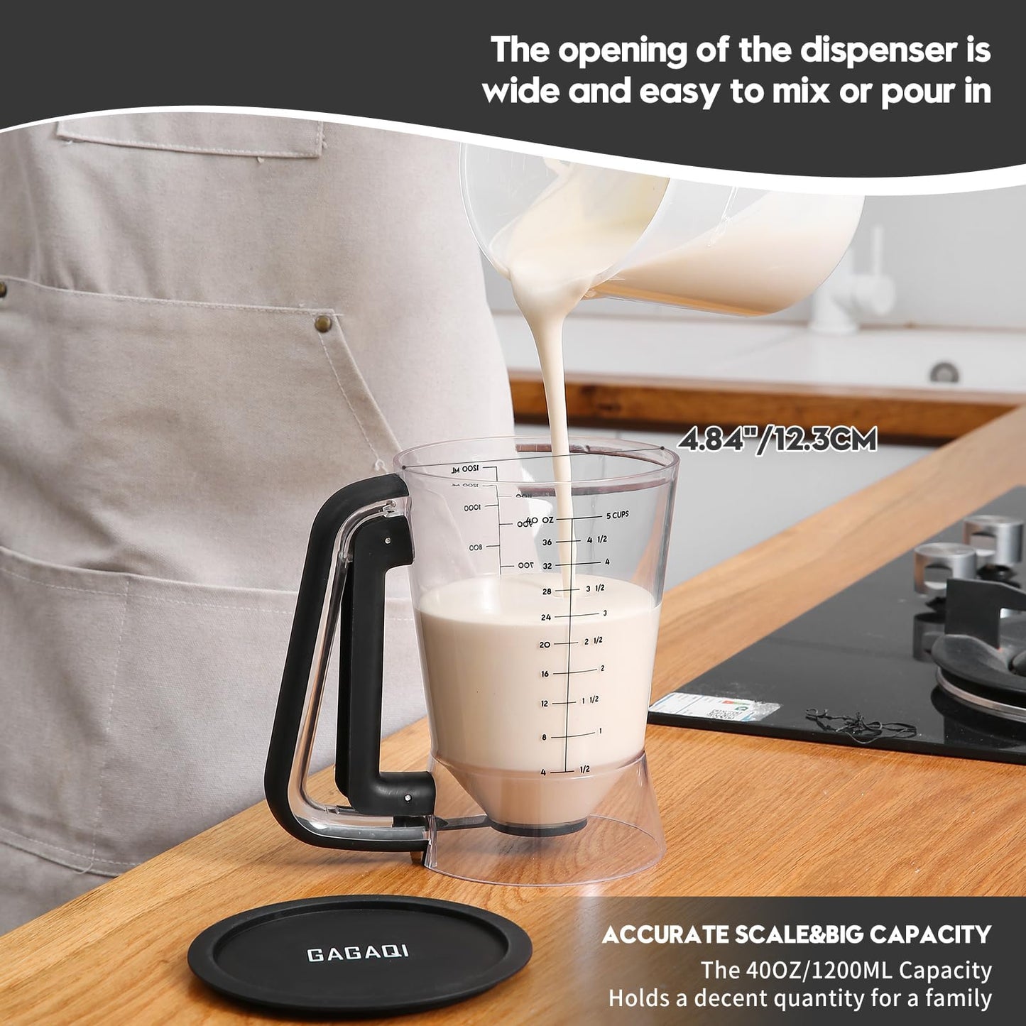 GAGAQI Pancake Batter Dispenser 5 Cup with Sturdy Handle,Batter Separator for Pancakes, Cupcake, Waffle, Muffin Mix, Cake & Crepe Batter pitcher with Squeeze Handle Baking Tools-Black