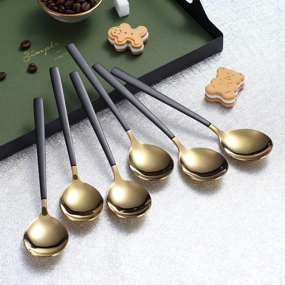 Homquen 6 Pieces Black and Gold Plating Coffee Spoons, 6.3" Modern Design Stainless Steel Tea Spoons Set