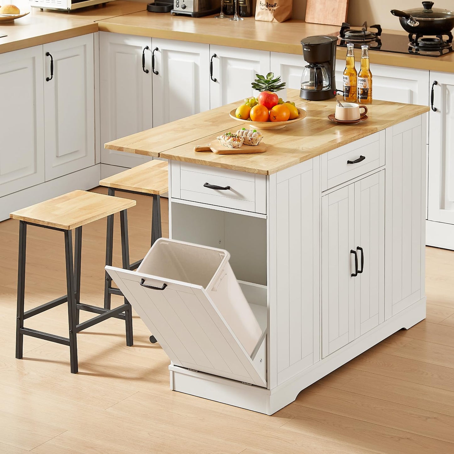 ONBRILL Stationary Kitchen Islands Include 2 Chairs, 47" Kitchen Island with Drop Leaf, Home Bar Table with Spice Rack & with Trash Cabinet, Island Table for Dining Room with Power Outlet, White