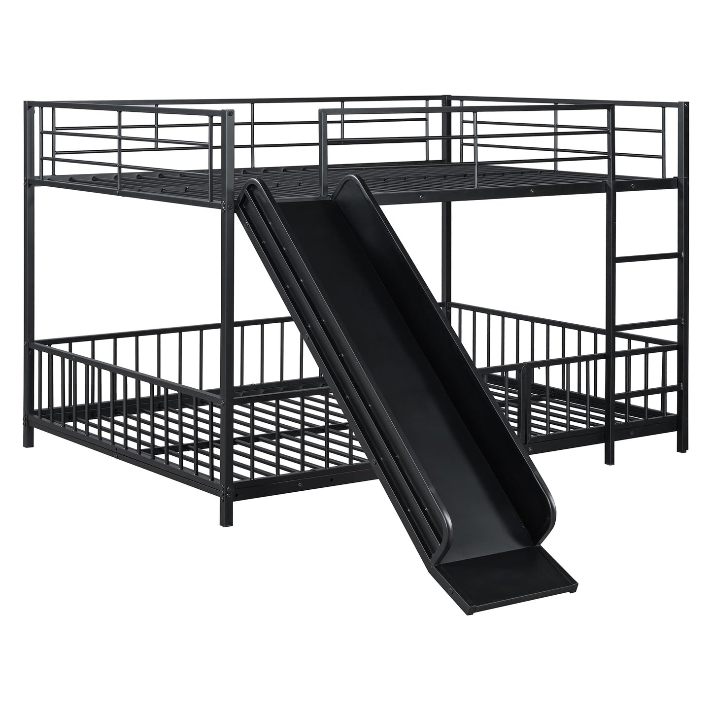 Bellemave Full Over Full Bunk Bed with Slide and Ladder, Metal Low Bunk Bed for Kids, Girls, Boys, Removable Fence, with Door, Black