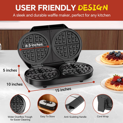 Double Waffle Maker, Belgian Waffle Maker, 6.5 Inch Waffle Iron with 2 Independent Adjustable Temp Knobs & Indicator Lights, Easy-Clean Nonstick Plates, Stainless Steel, Black