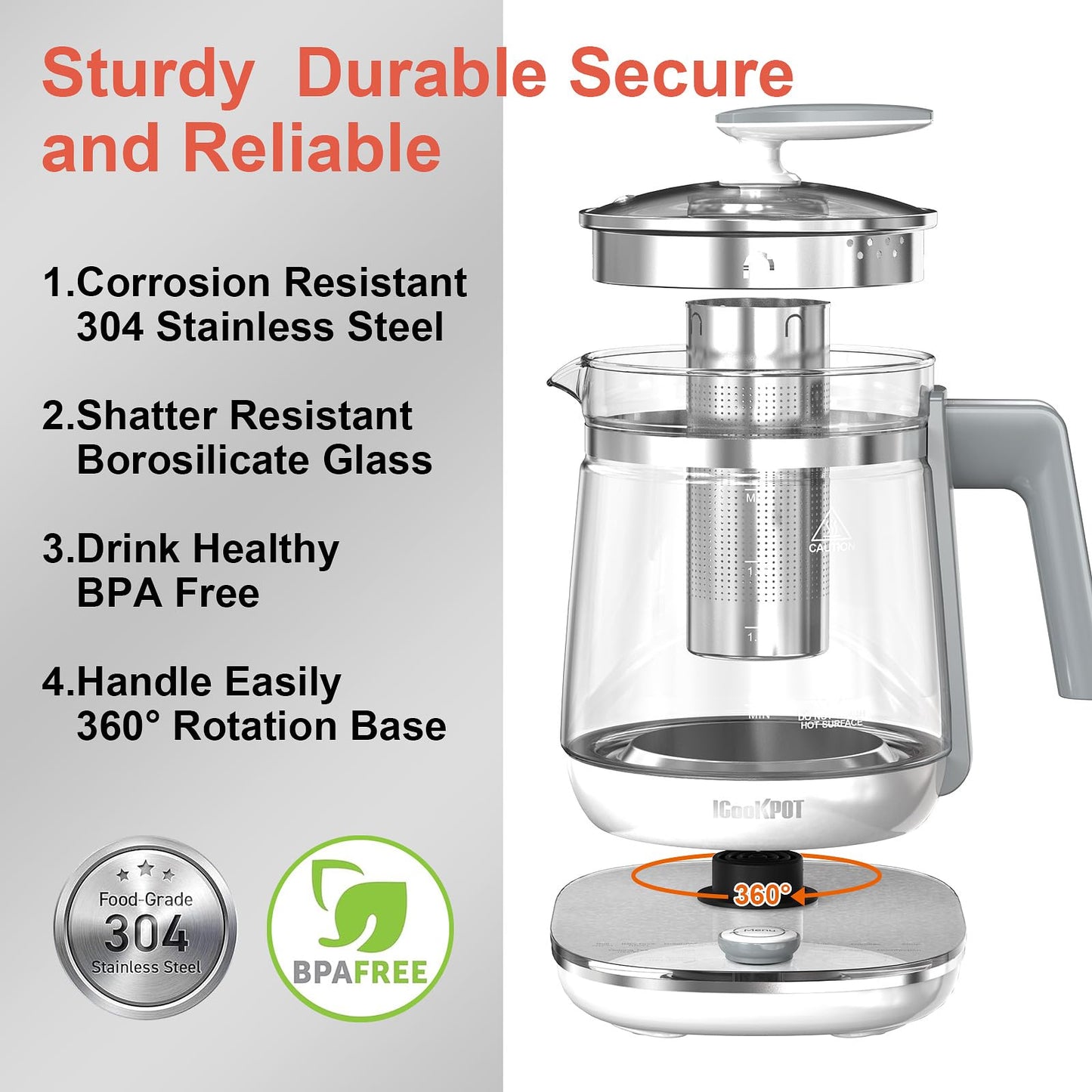 ICOOKPOT 1200w Electric Kettle, 1.5L Borosilicate Glass tea kettle, Hot water kettle electric for Coffee or Tea, BPA Free, Auto Shut-Off, Stainless Steel, Fast Boil, White