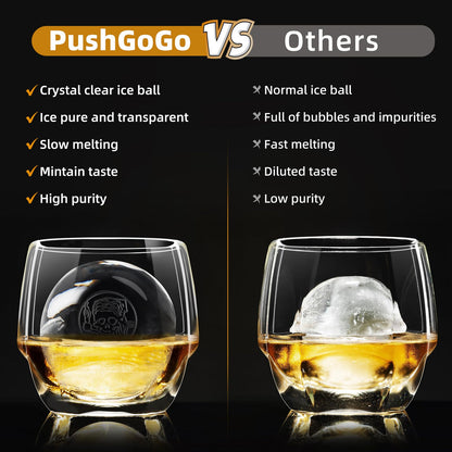 PushGoGo Clear Ice Ball Maker,Four Large 2.4" Crystal Clear Ice Balls for Whiskey, Cocktails, Bourbon,4-Cavity BPA-Free Silicone Easy Remove Ice Sphere Molds with Storage Bag,Stamp