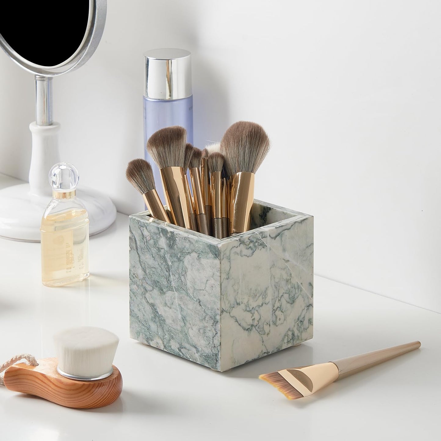 Real Luxurious Natural Marble Toothbrush Holder & Makeup Brush Organizer & Pen Holder for Desk,3.93inch Square Marble Utensil Holder Non-Ceramic/Non-Resin （Cyan Green）