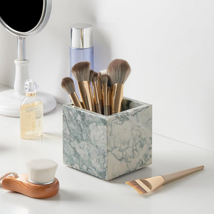 Real Luxurious Natural Marble Toothbrush Holder & Makeup Brush Organizer & Pen Holder for Desk,3.93inch Square Marble Utensil Holder Non-Ceramic/Non-Resin （Cyan Green）