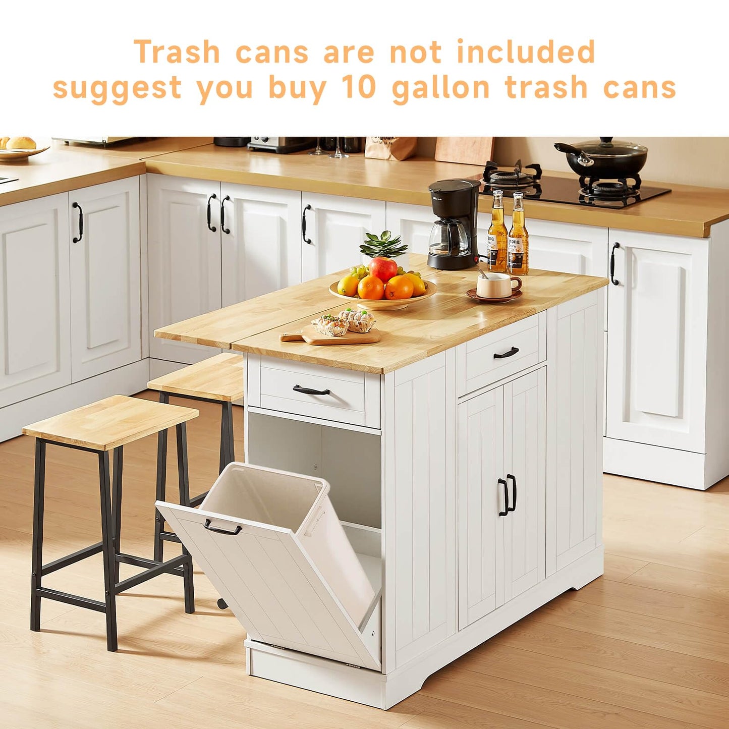 ONBRILL Stationary Kitchen Islands Include 2 Chairs, 47" Kitchen Island with Drop Leaf, Home Bar Table with Spice Rack & with Trash Cabinet, Island Table for Dining Room with Power Outlet, White