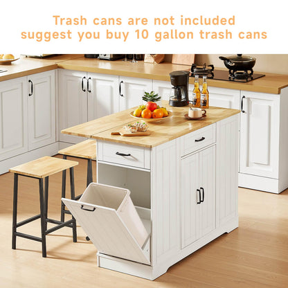ONBRILL Stationary Kitchen Islands Include 2 Chairs, 47" Kitchen Island with Drop Leaf, Home Bar Table with Spice Rack & with Trash Cabinet, Island Table for Dining Room with Power Outlet, White