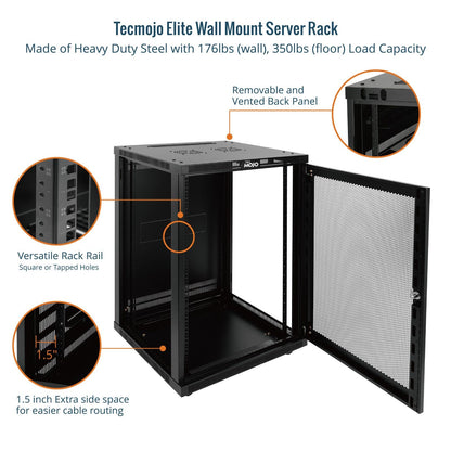 Tecmojo 18U Wall Mount Rack,18U Rack 23.6 Inch Depth,Hold Up to 176 Lbs,Server Rack with Casters,Enclosed Network Cabinet for 19 Inch Network,Server and AV Gear,Mesh Door(Elite Collection)