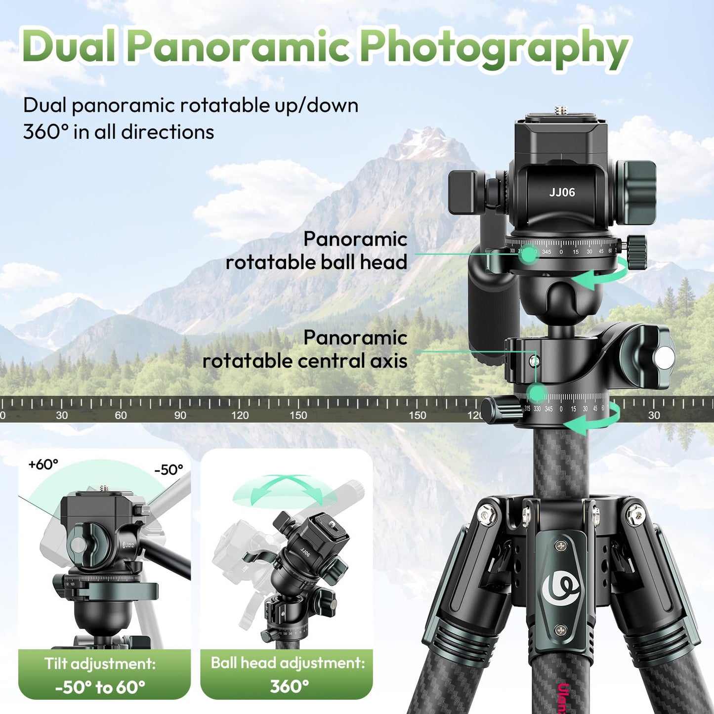 ULANZI JJ06 GlideGo Carbon Fiber Video Tripod, Dual 360° Pan Head, 73.6 inch Max Height, 11 lb Load, UKA Quick Release, Professional Portable Lightweight Travel Tripod with Bag