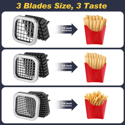 3Pcs French Fry Cutter, Ruooson Professional Potato Cutter Slicer with 1/2 In & 3/8 In & 1/4 In Stainless Steel Blades, Great for Whole Potatoes Carrots Cucumbers.