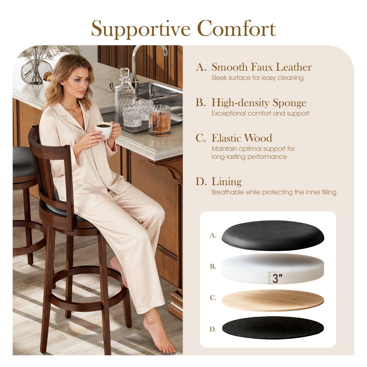 Sophia & William Swivel Bar Stools Set of 2, Bar Height Barstools with Backrest & Solid Wood Legs, Brown Faux Leather Kitchen Stools, 30 Inch