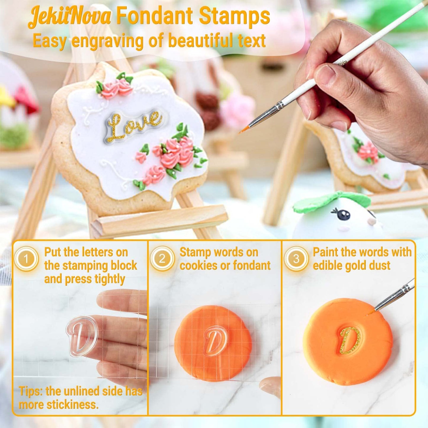 4PCS Alphabet Cake Stamps Tool with Brushes for Fondant Cookie Biscuit, Pretty Handwriting Food Grade Fondant Letter Stamp Uppercase Lowercase Numbers Words Reusable Cookie Stamp for Christmas Party