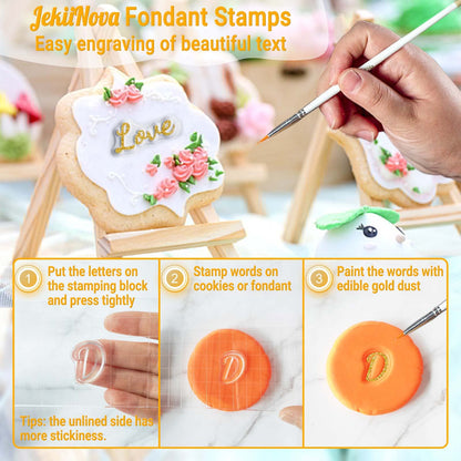4PCS Alphabet Cake Stamps Tool with Brushes for Fondant Cookie Biscuit, Pretty Handwriting Food Grade Fondant Letter Stamp Uppercase Lowercase Numbers Words Reusable Cookie Stamp for Christmas Party