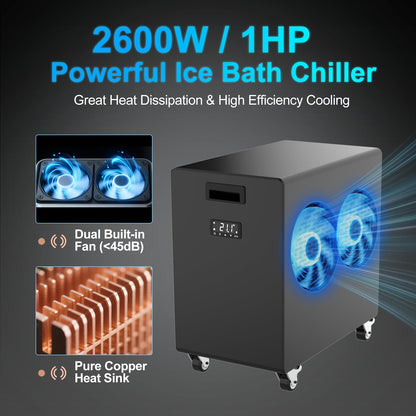 1 HP Cold Plunge Chiller, Commercial Ice Bath Water Chiller Machine for Large Tubs up to 200 Gallon, Heavy Duty Single Cooling Water Cooler with Internal Pump Options, Fast Chilling for Gym & Outdoor