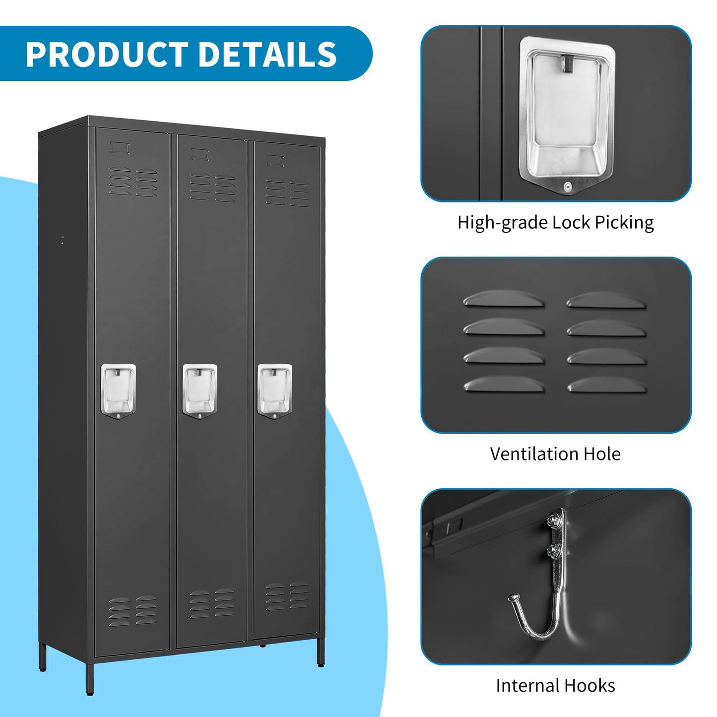 BIZOEIRON 3 Doors Locker Storage Cabinet, Metal Locker for Employees, 72" Tall Lockers for Office School Gym Home, Require Assembly (Black)