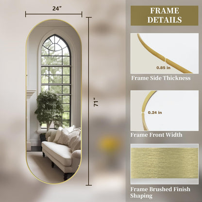 TheiaMo Oval Full Length Mirror, 71"×24" Wall-Mounted Mirror with Gold Frame in Shiny Gold, Ultra-Clear Explosion-Proof Dressing Mirror, Simple & Classic Deco for Cloakroom/Bedroom/Living Room