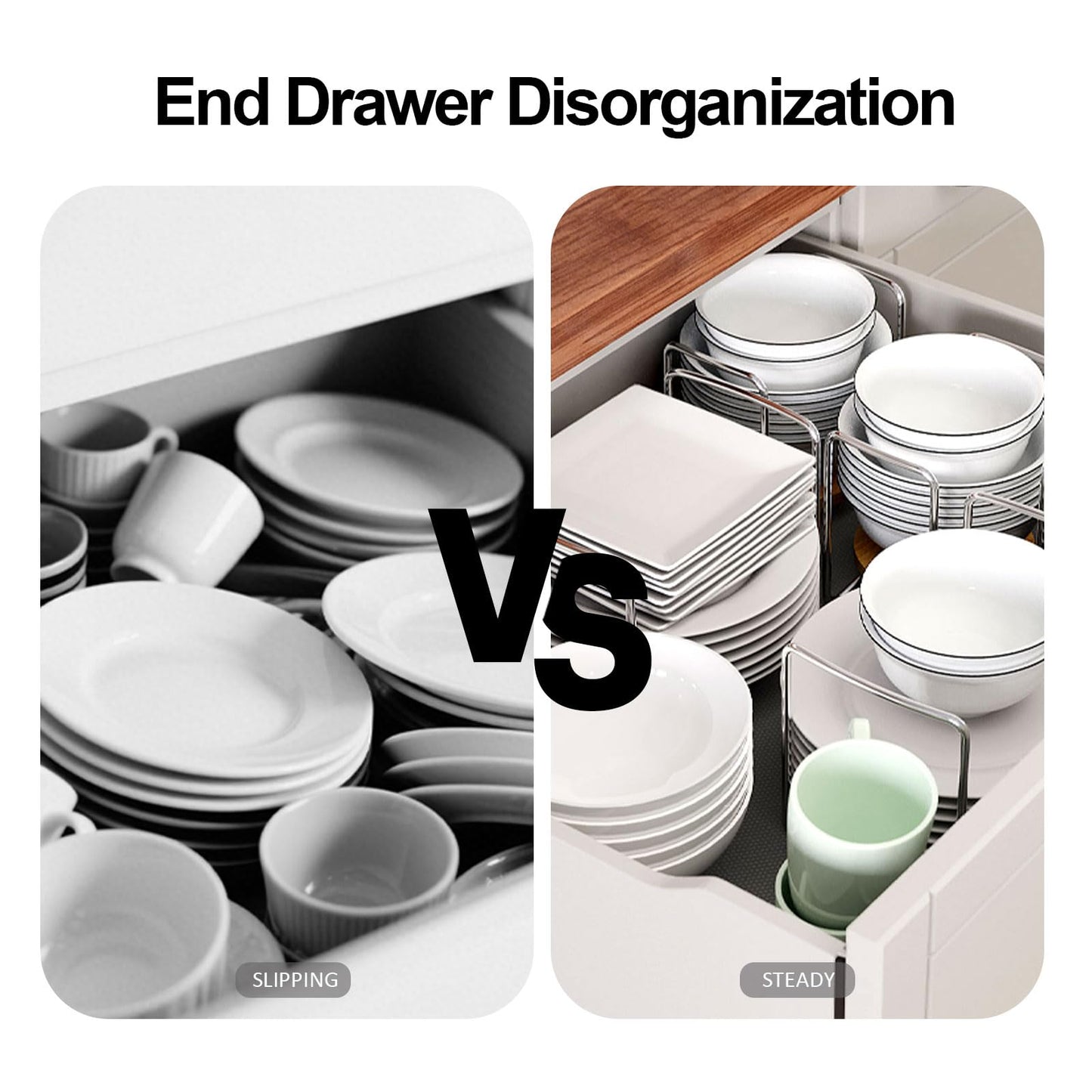 Dish Rack for Kitchen Countertop Organizer - Bamboo Plate Organizer for Cabinet Space Saver, Adjustable Stainless Steel 304 Plate and Bowl Holder with Portable Handle for Drawer Cupboard Shelf RV
