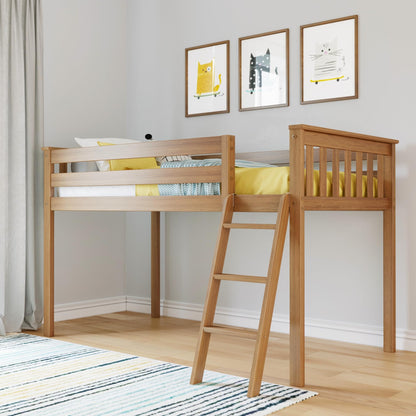 Max & Lily Classic Twin Low Loft Bed with Angled Ladder and 14-Inch Safety Guardrails, Solid Pine Wood Kids Bedroom Furniture, Space-Saving Loft Design, Clay