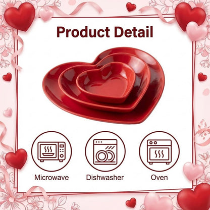 Suclain Valentines Day Red Heart Shaped Ceramic Plate Set of 3 Heart Dinner Dishes 3.15″ 4.92″ 7.09″ Platter for Dish Dessert Salad Bowl for Valentine‘S Day Party Supply Microwave Dishwasher Safe
